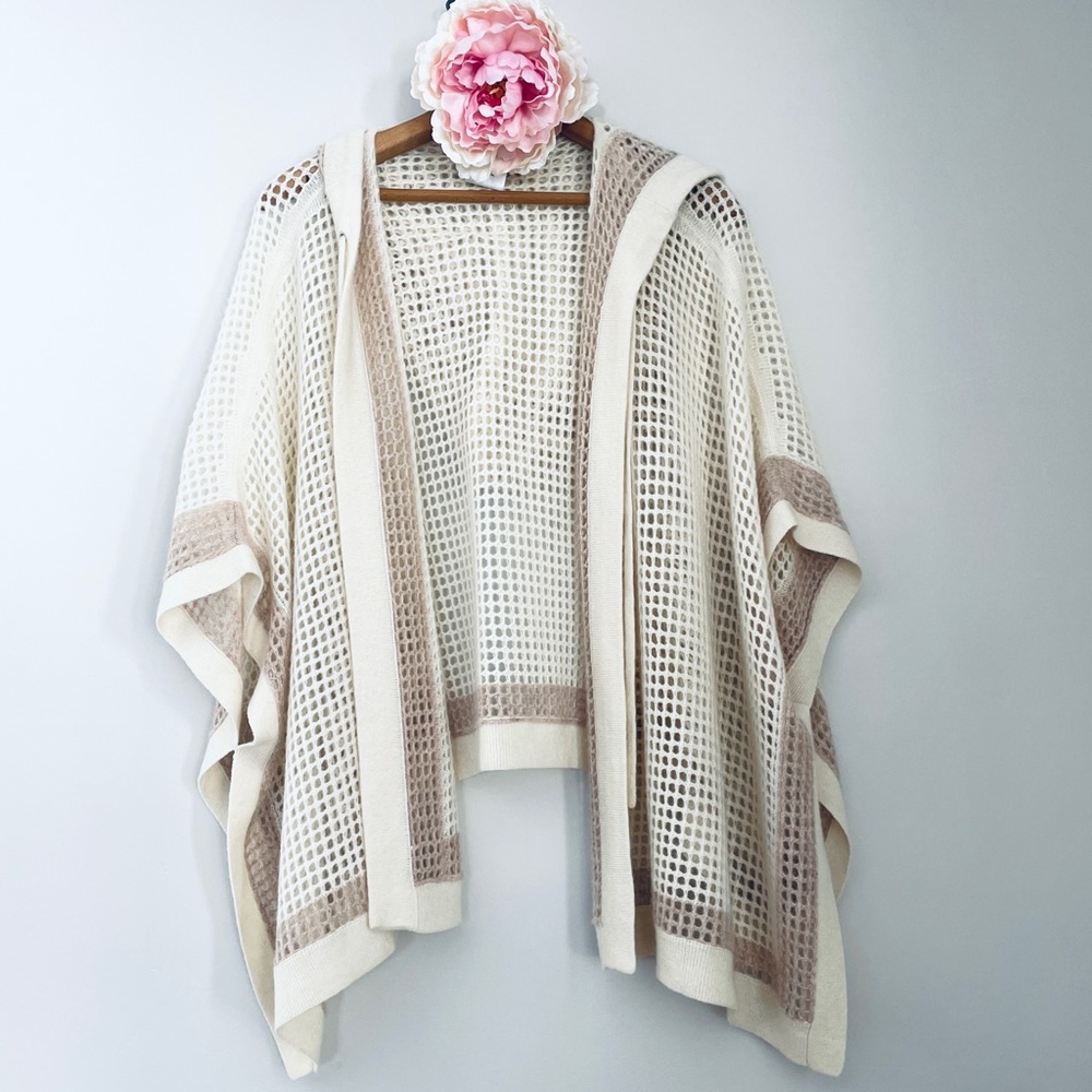 White + Warren Open Weave Naked Cashmere Hooded Poncho Cream Tan